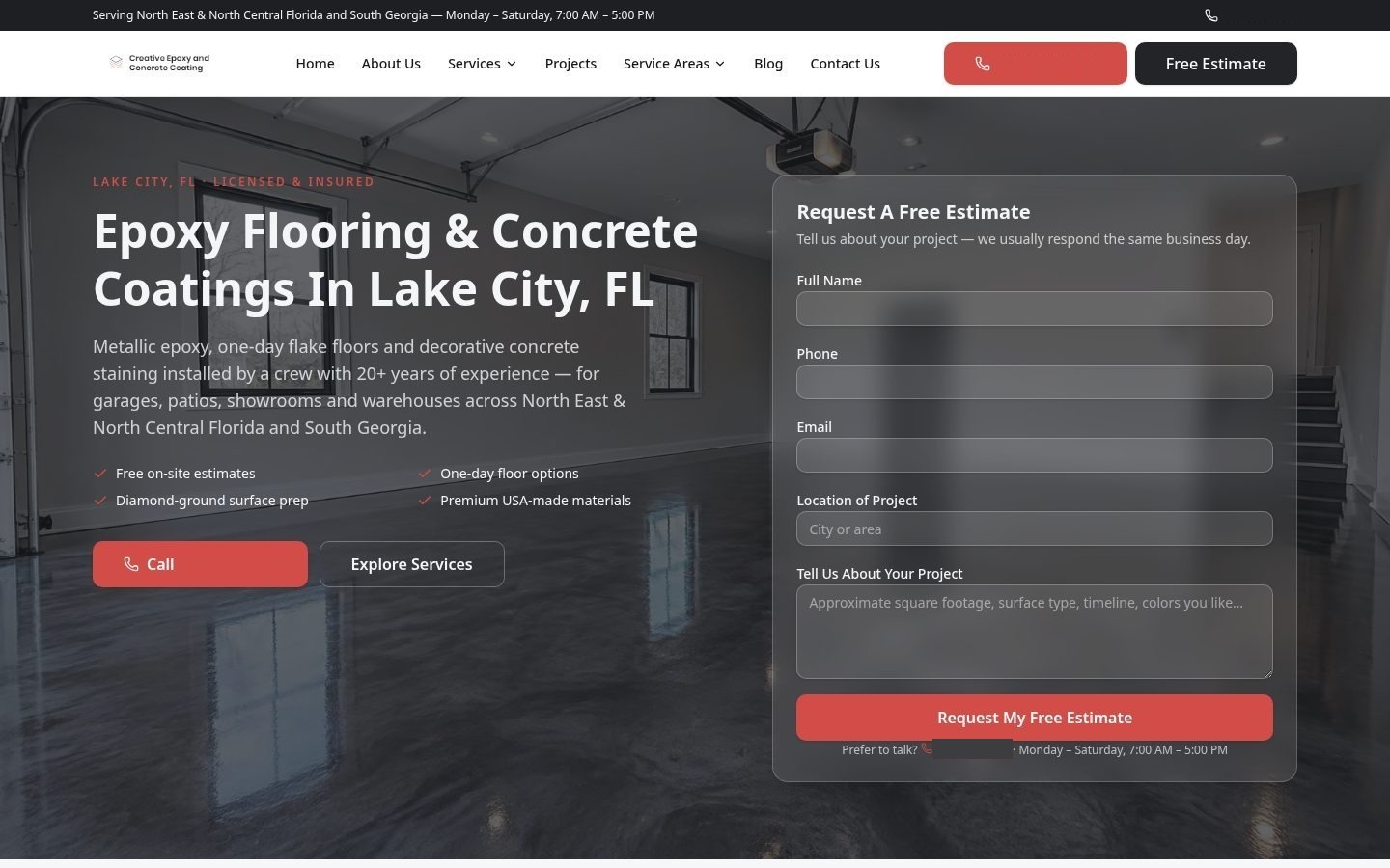 Creative Epoxy and Concrete Coating website homepage with estimate form