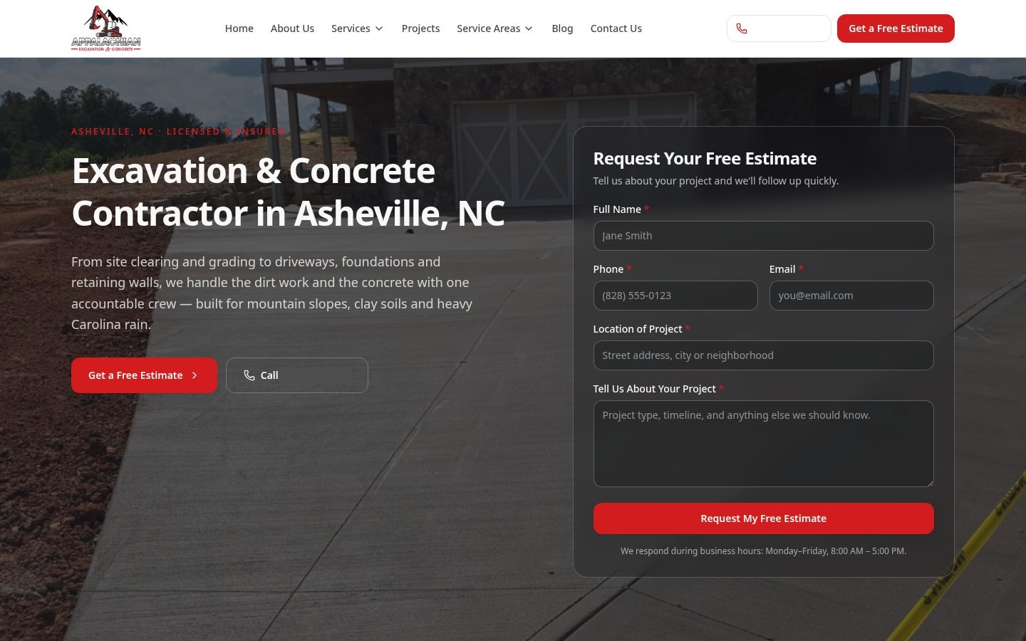 Appalachian Excavation & Concrete website homepage with estimate form
