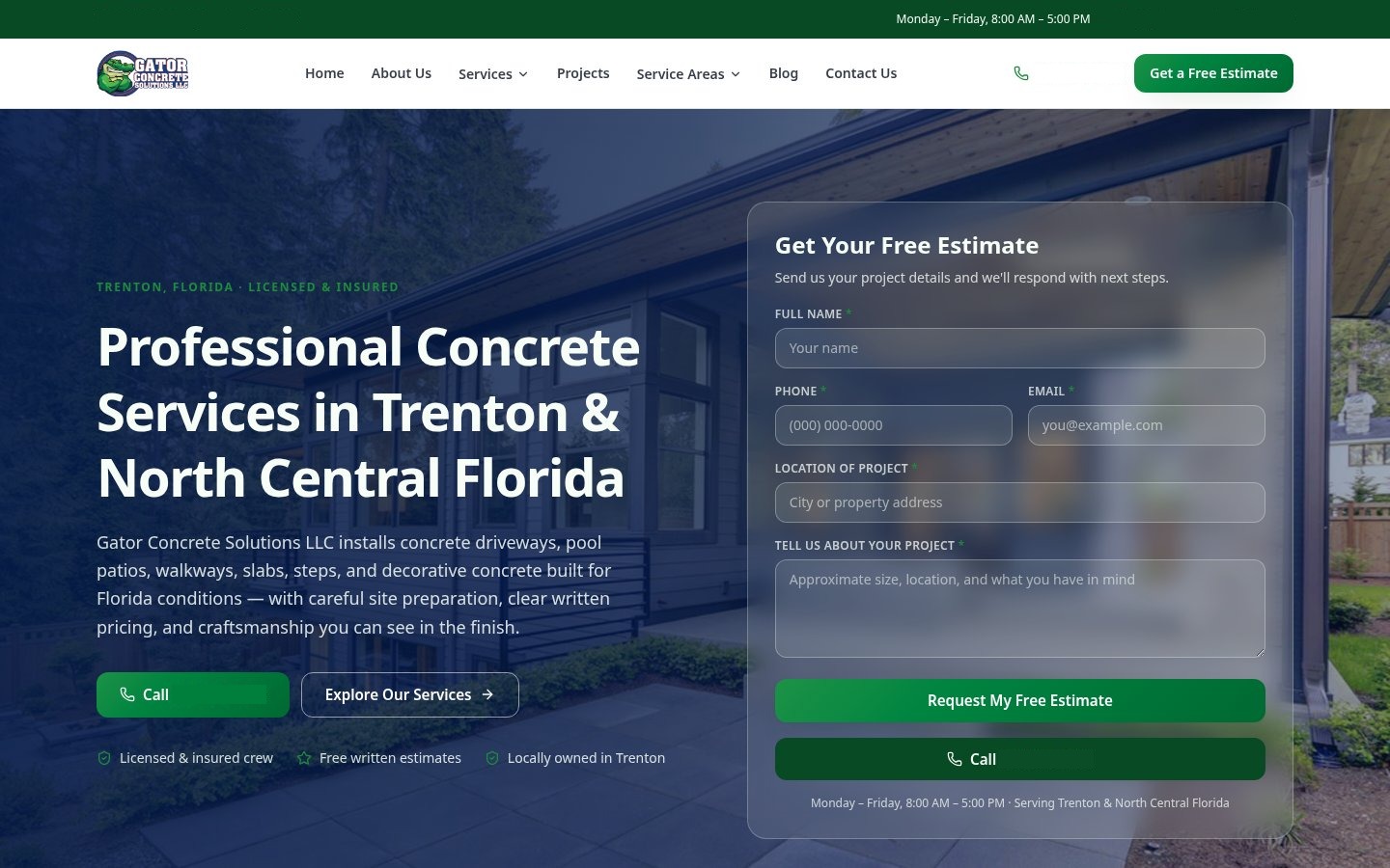Gator Concrete Solutions website homepage with estimate form
