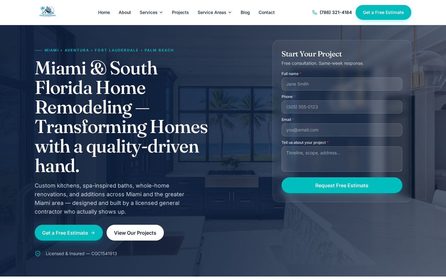 South Florida Home Remodeling website homepage with estimate form