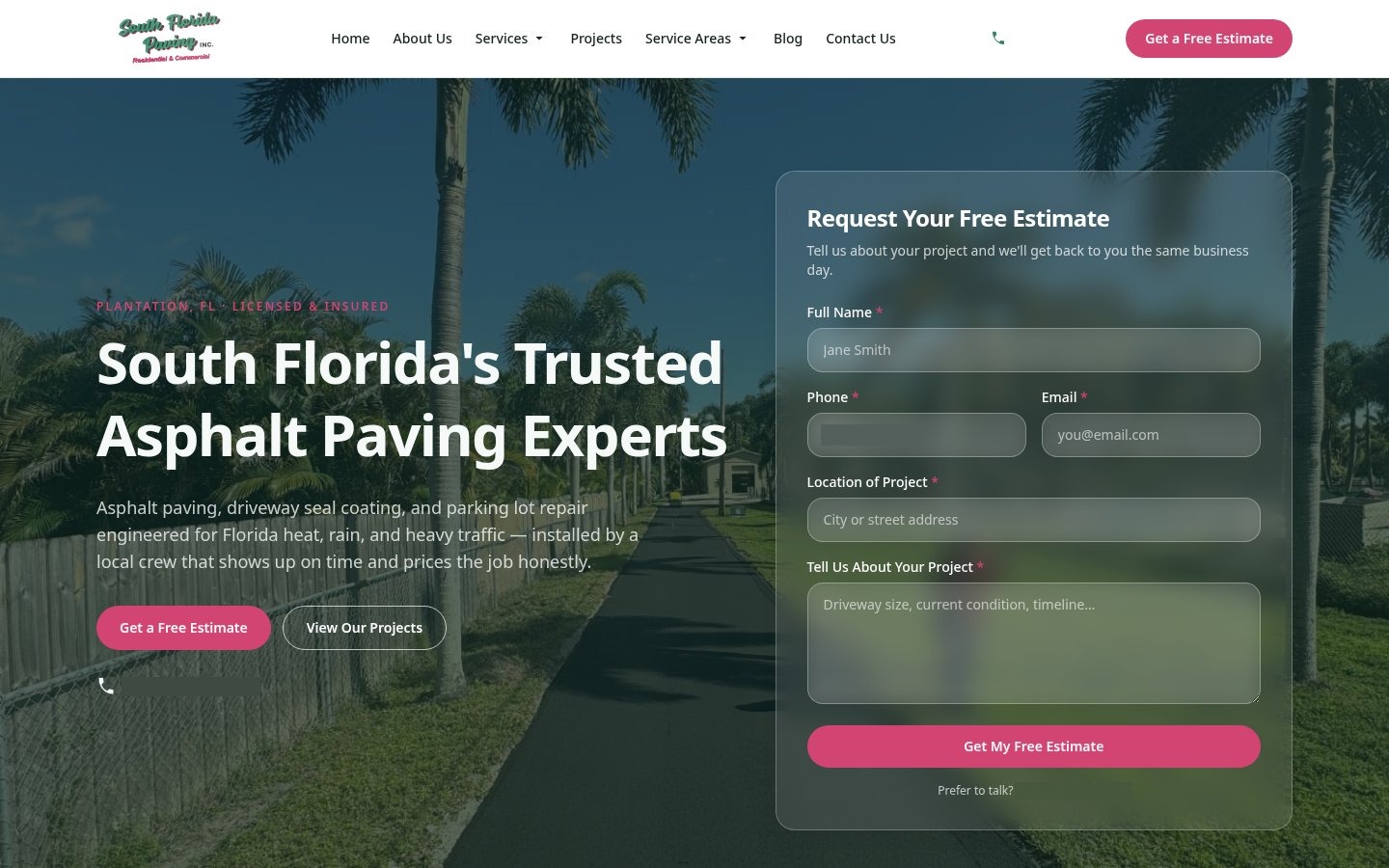 South Florida Paving Inc website homepage with estimate form