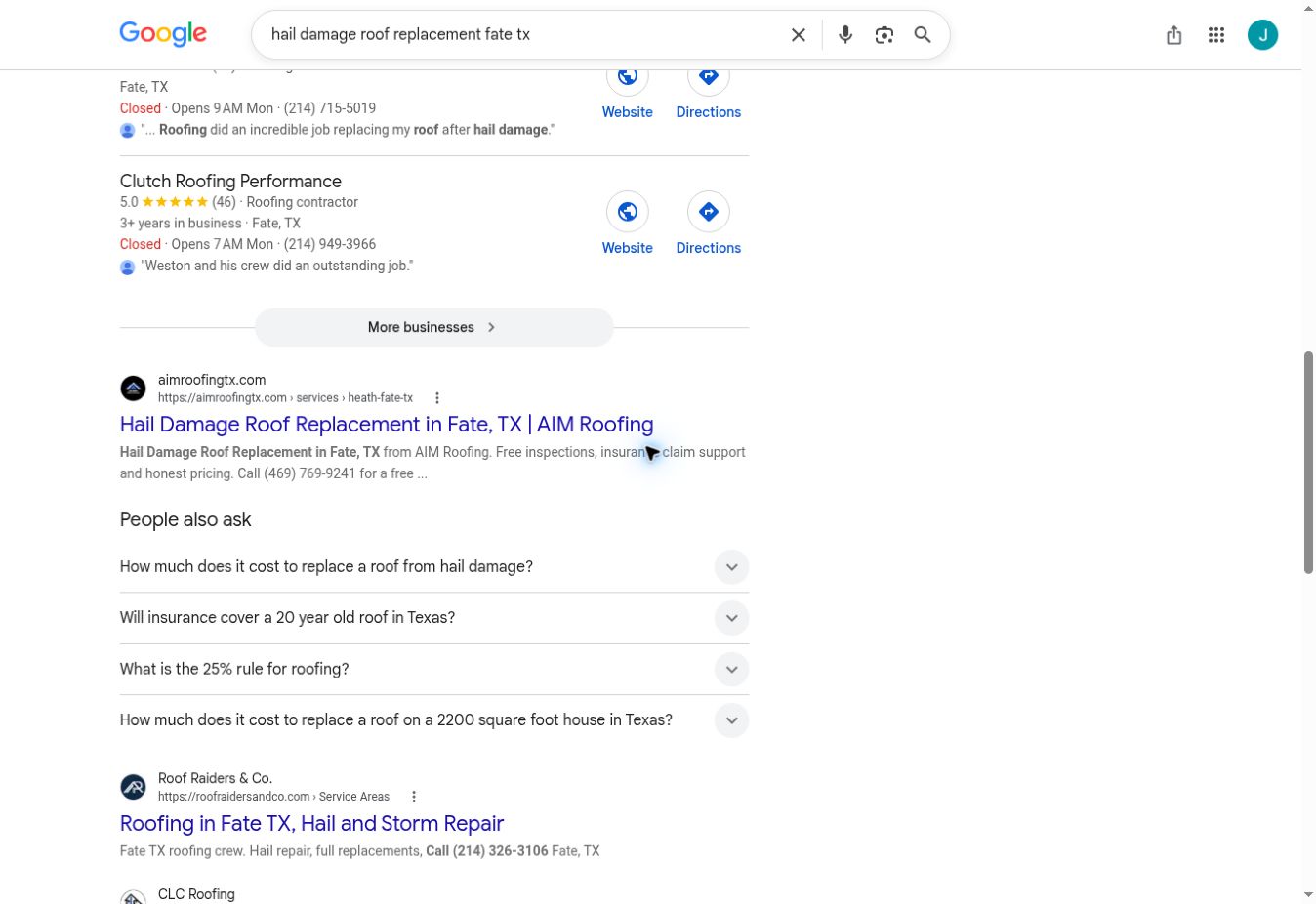 AIM Roofing ranked first in a localized organic check for hail damage roof replacement fate tx