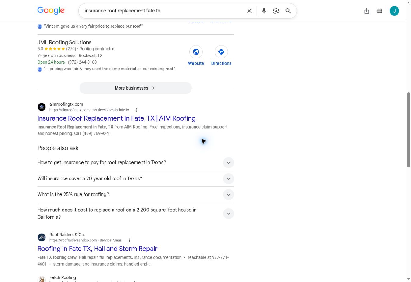 AIM Roofing ranked first in a localized organic check for insurance roof replacement fate tx