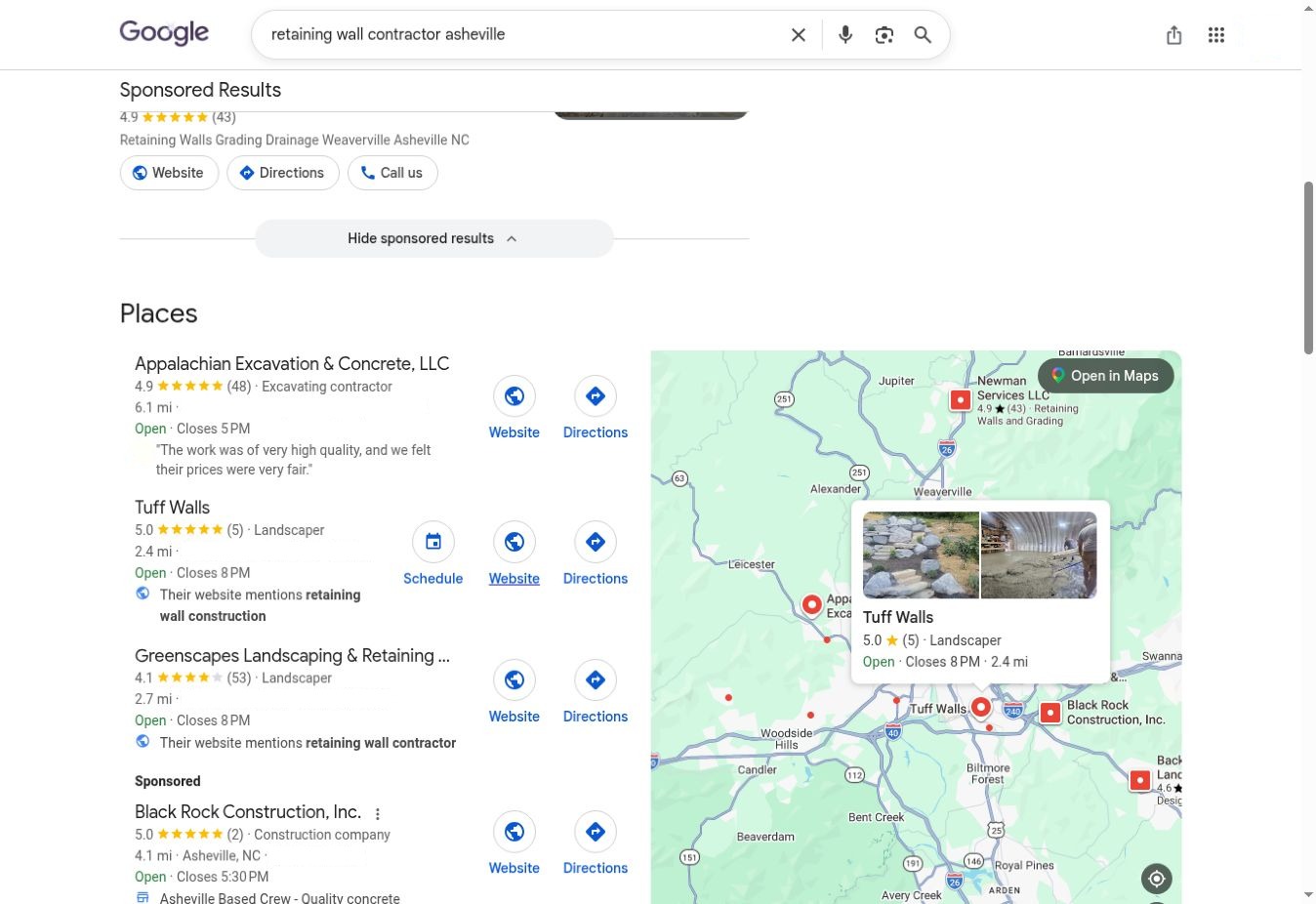 Google Local Pack results for retaining wall contractor asheville with Appalachian Excavation & Concrete listed first
