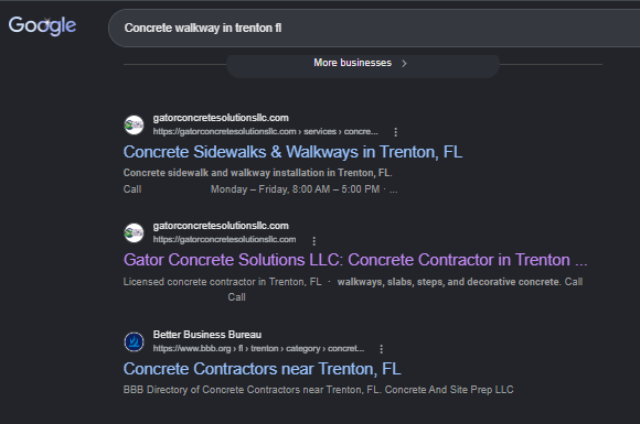 Google organic results for concrete walkway in Trenton FL with the Gator walkway service page first and homepage second