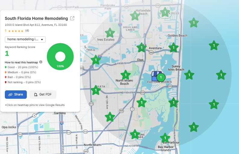 Google Maps ranking grid for home remodeling in aventura fl showing South Florida Home Remodeling at #1 on all 20 sampled points