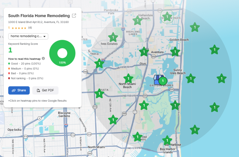 Google Maps ranking grid for home remodeling contractor in aventura fl showing South Florida Home Remodeling at #1 on all 20 sampled points