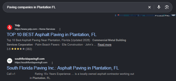 Google organic results for Paving companies in Plantation FL with South Florida Paving second behind Yelp