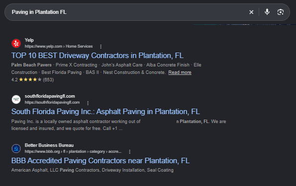 Google organic results for Paving in Plantation FL with South Florida Paving second behind Yelp